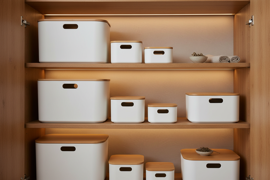 White storage boxes with rounded bottoms in pantry