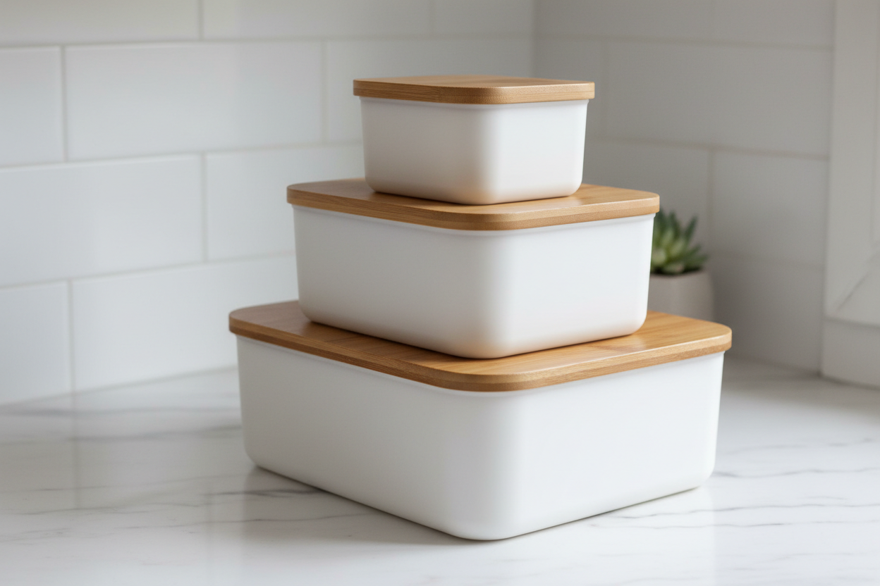 White storage boxes with rounded bottoms on counter