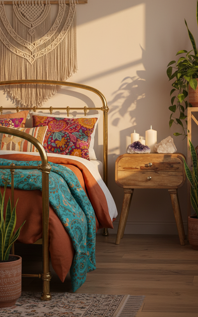 Wooden nightstand with brass bed