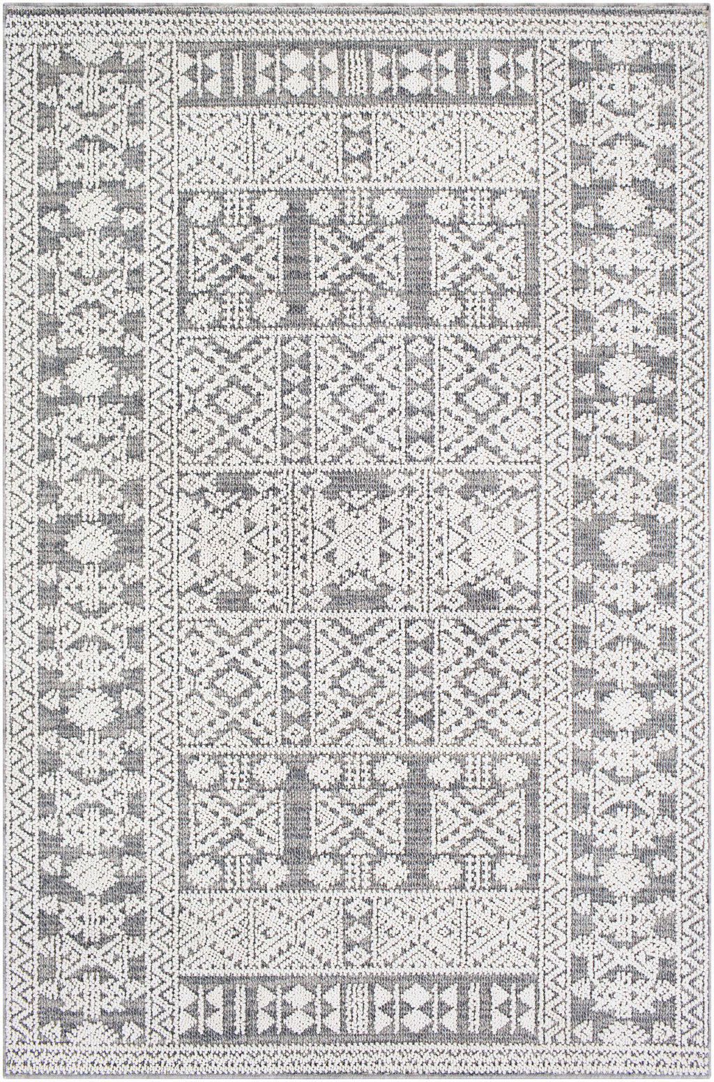 Luxury Transitional & Bohemian Machine-Woven Polypropylene Rug – White, Black, Gray